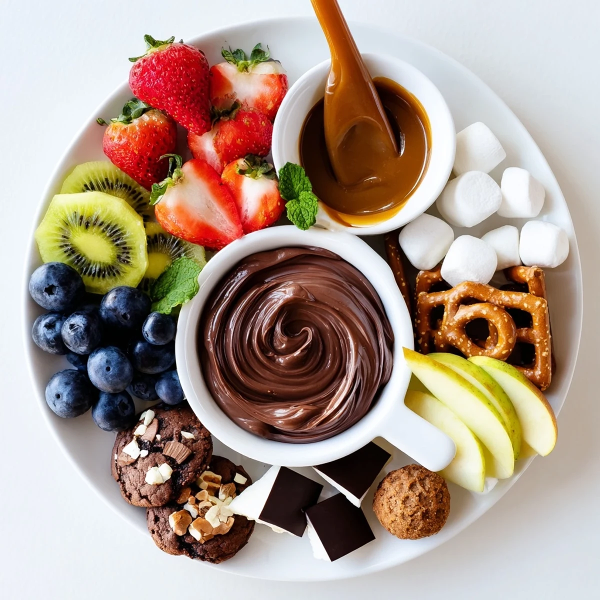 Dessert charcuterie board with colorful fruits, chocolates, and mint garnishes