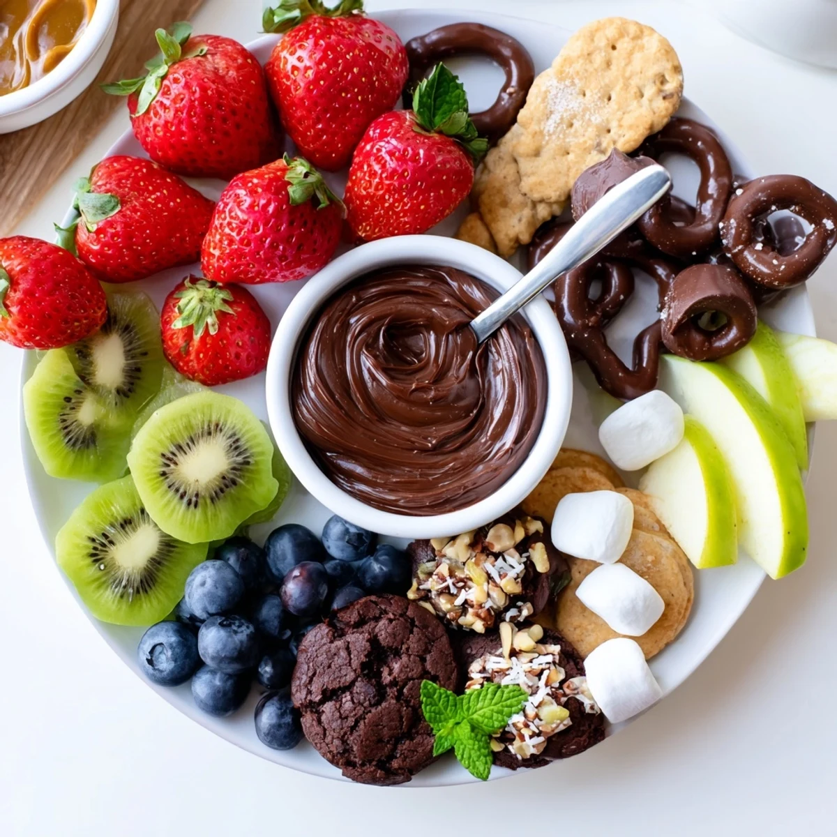Glazed salted caramel, mini brownies, and sliced kiwi on Dessert charcuterie board