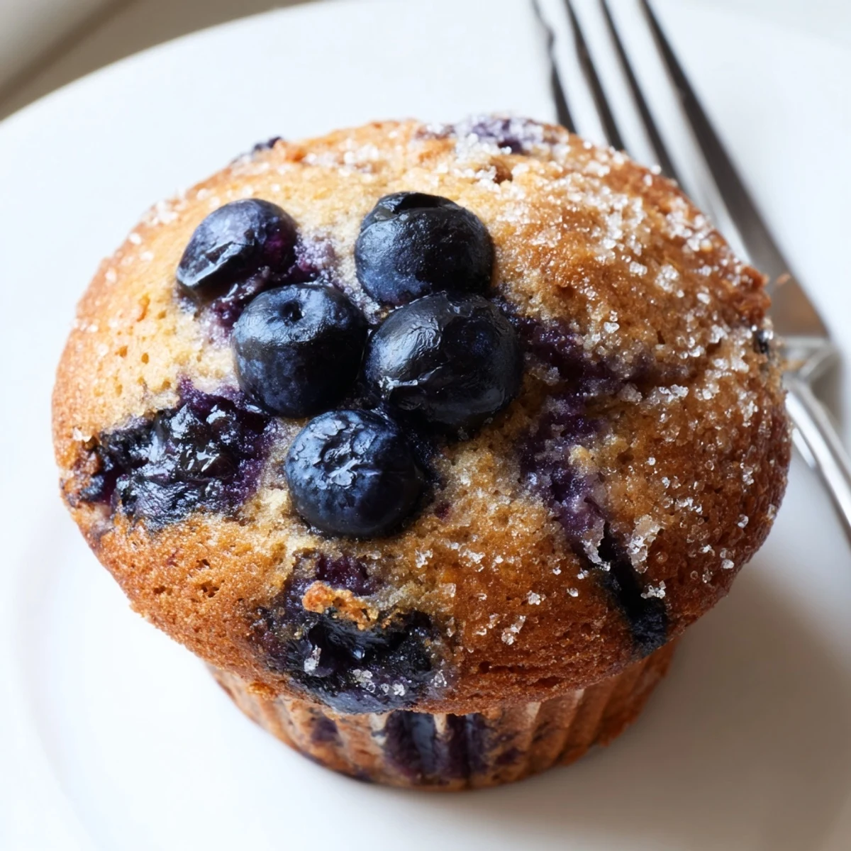 Blueberry Banana Muffins with golden tops, bursting berries, warm from oven