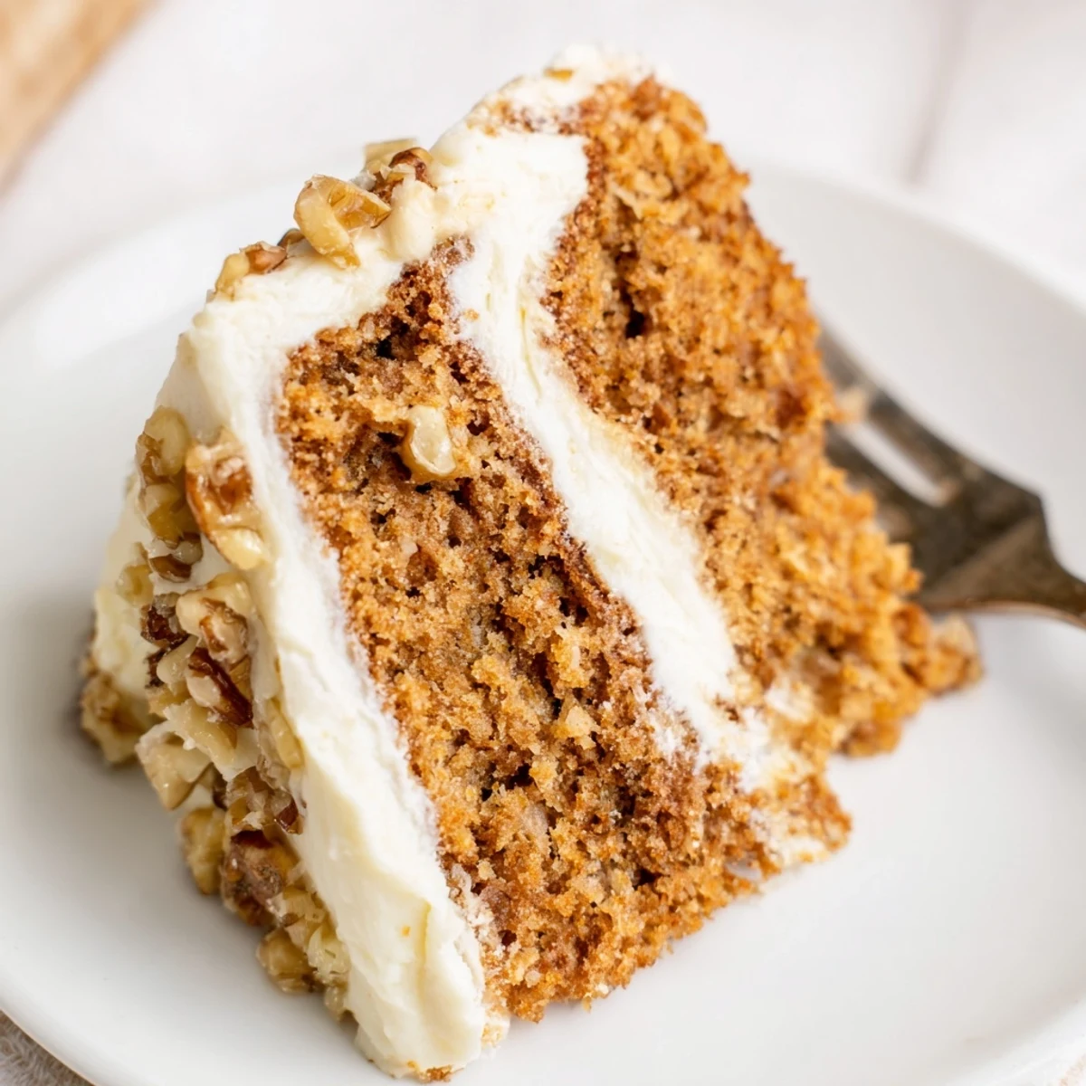 Slice of Moist Banana Cake topped with cream cheese frosting and walnuts