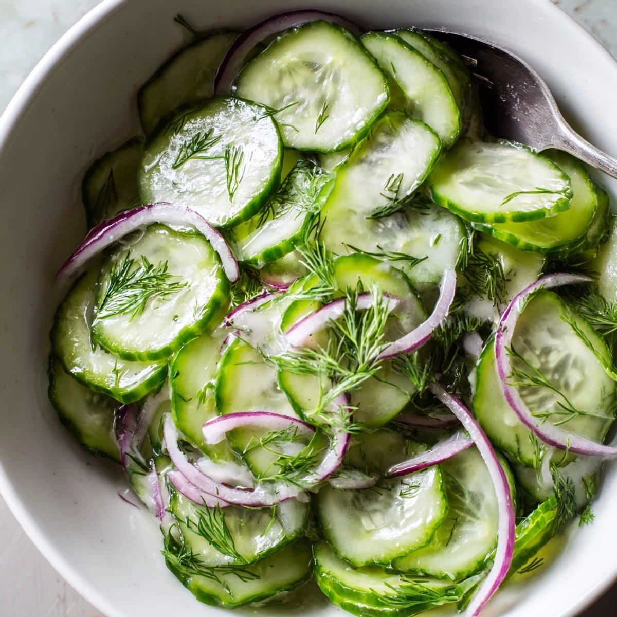 Cucumber Salad glistening with dill and tangy vinaigrette, chilled and crisp.