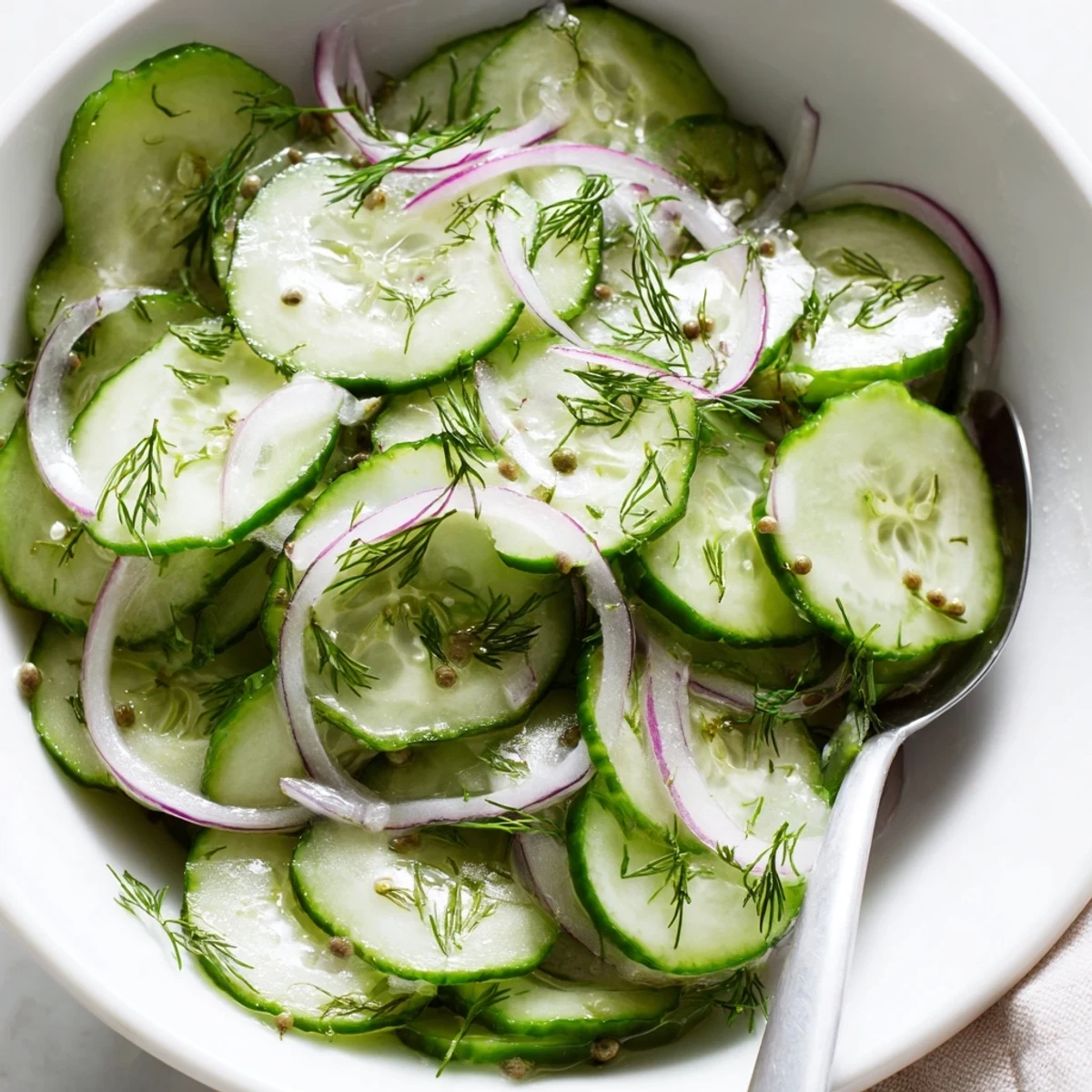 Simple Cucumber Salad tossed in white wine vinegar, perfect with grilled chicken.