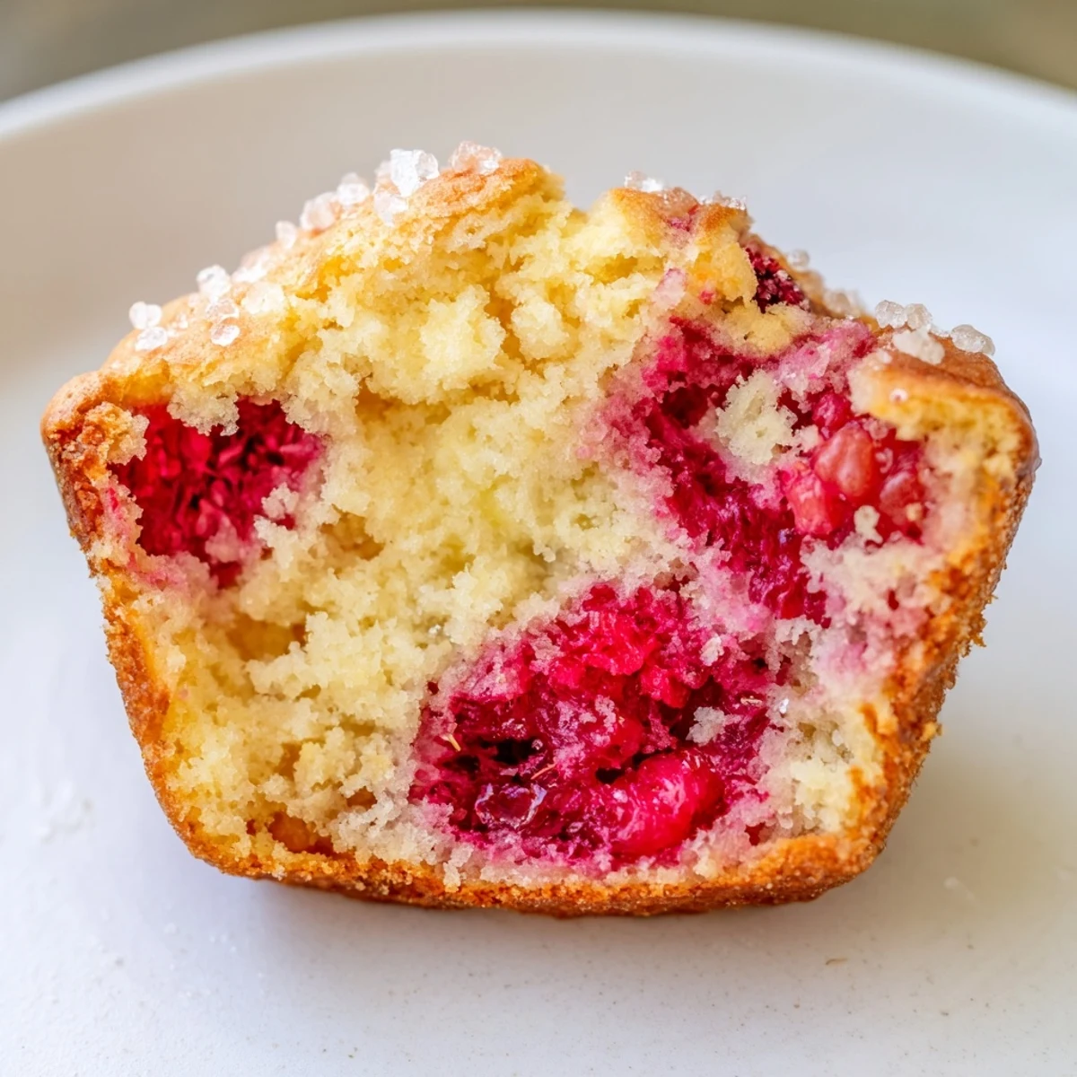 Golden raspberry lemon ricotta muffins topped with sparkling sugar on a rustic wooden board