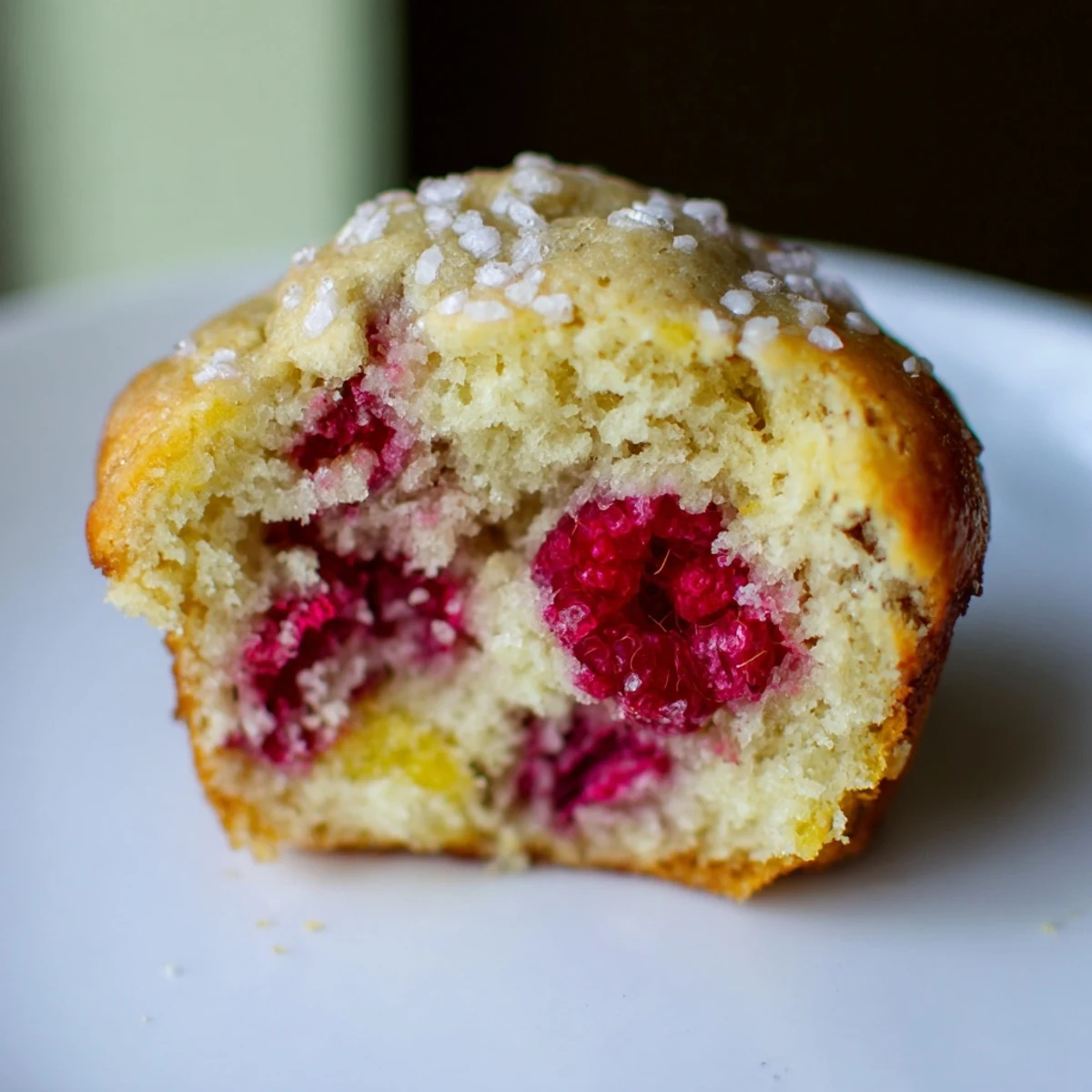 Stack of moist raspberry lemon ricotta muffins dusted with coarse sugar ready for breakfast