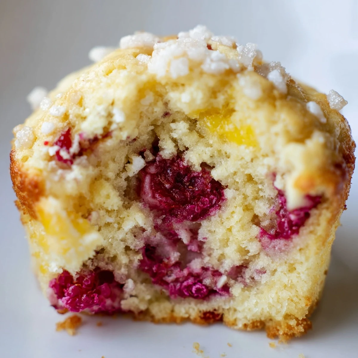 Fresh baked raspberry lemon ricotta muffins with juicy berries peeking through tender golden crumbs