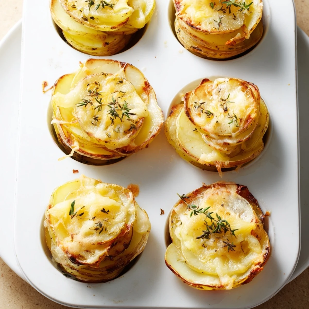 Golden cheese scalloped potato stacks arranged in a muffin tin with crispy edges