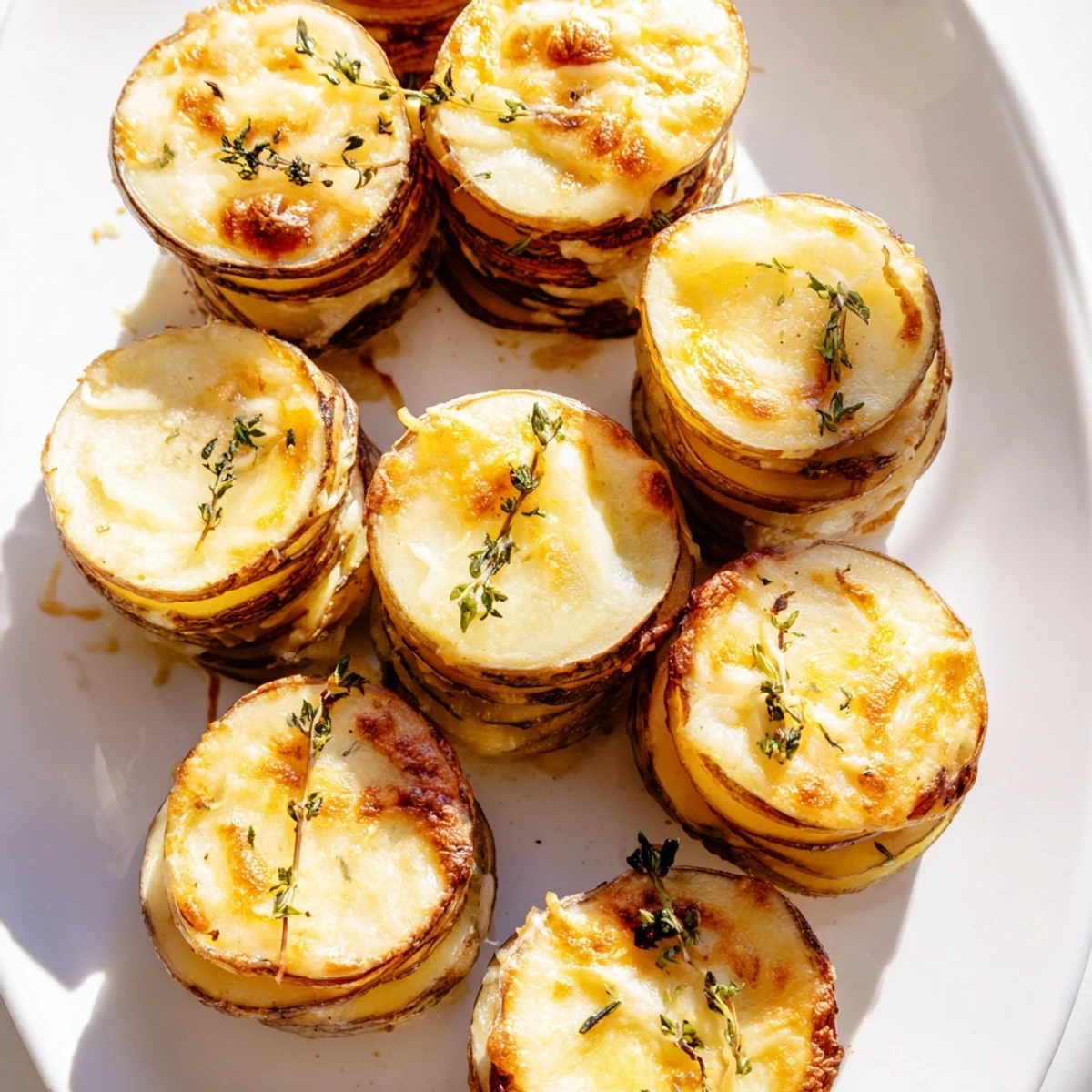 Individual potato layers baked in creamy sharp cheddar and Gruyère cheese sauce
