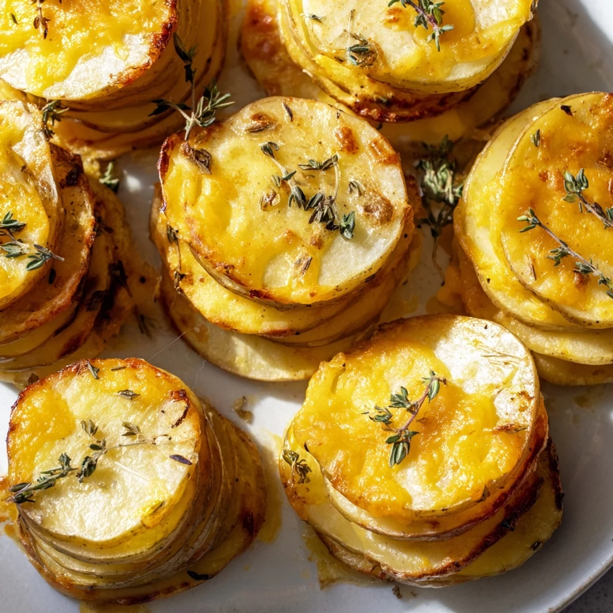 Tender scalloped potato portions topped with melted cheese and fresh thyme garnish