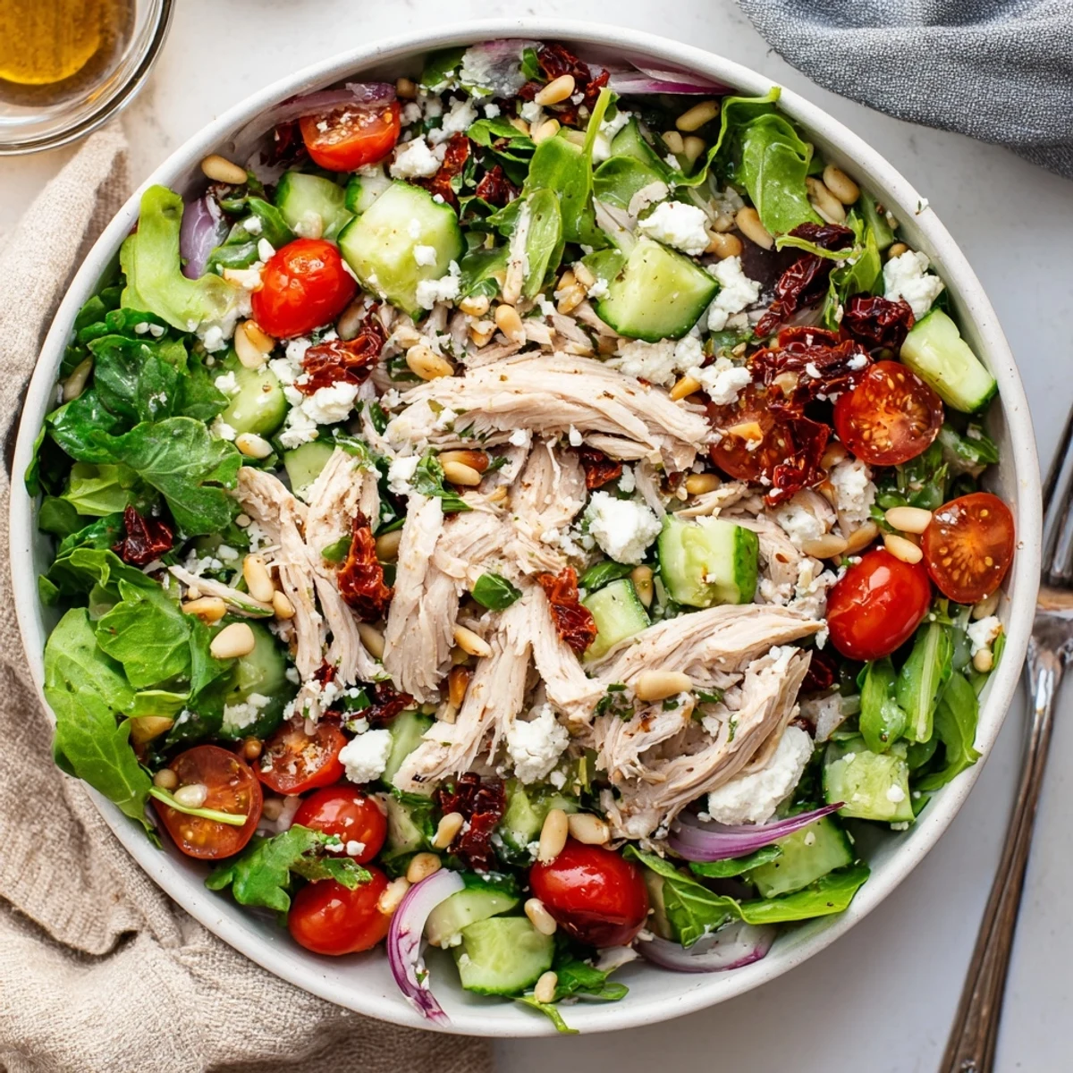 Mediterranean-style sun dried tomato chicken salad featuring tender chicken chunks, cherry tomatoes, cucumber, and crumbled feta topping
