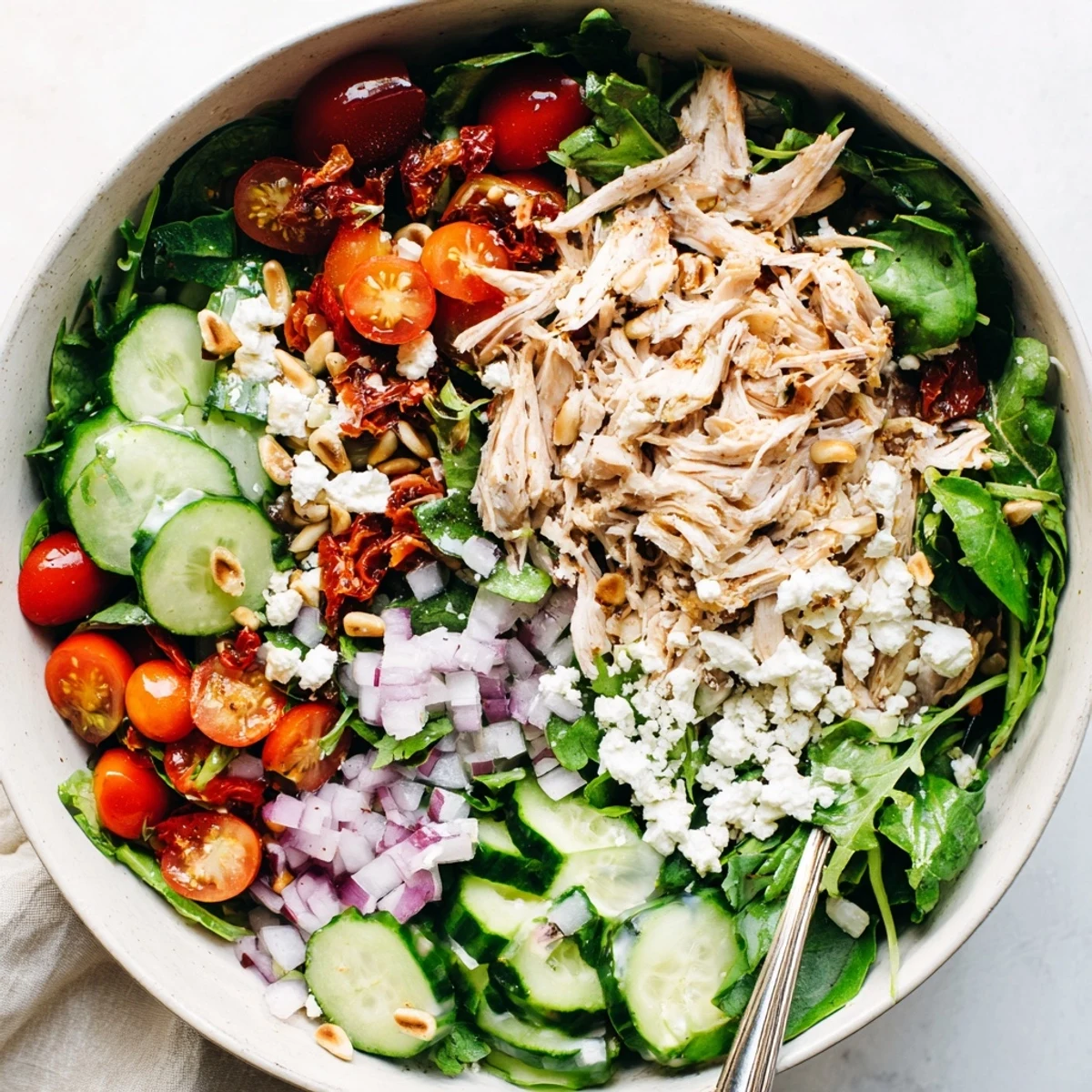 Vibrant sun dried tomato chicken salad with mixed greens, feta cheese, and colorful fresh vegetables in a bowl