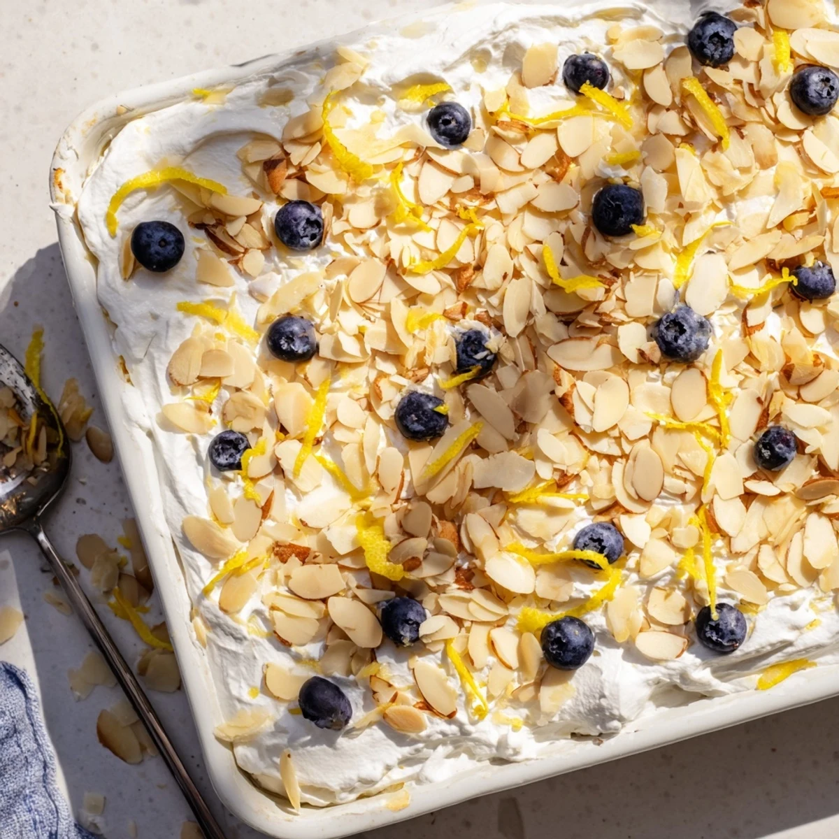 Golden lemon blueberry poke cake topped with fluffy whipped cream and toasted sliced almonds