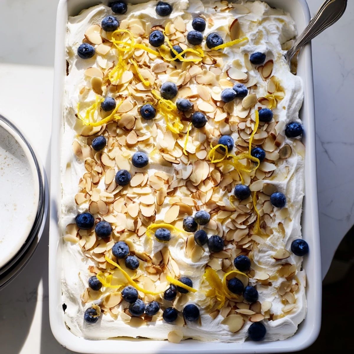 Moist lemon poke cake studded with blueberries beneath creamy topping and crunchy almond garnish