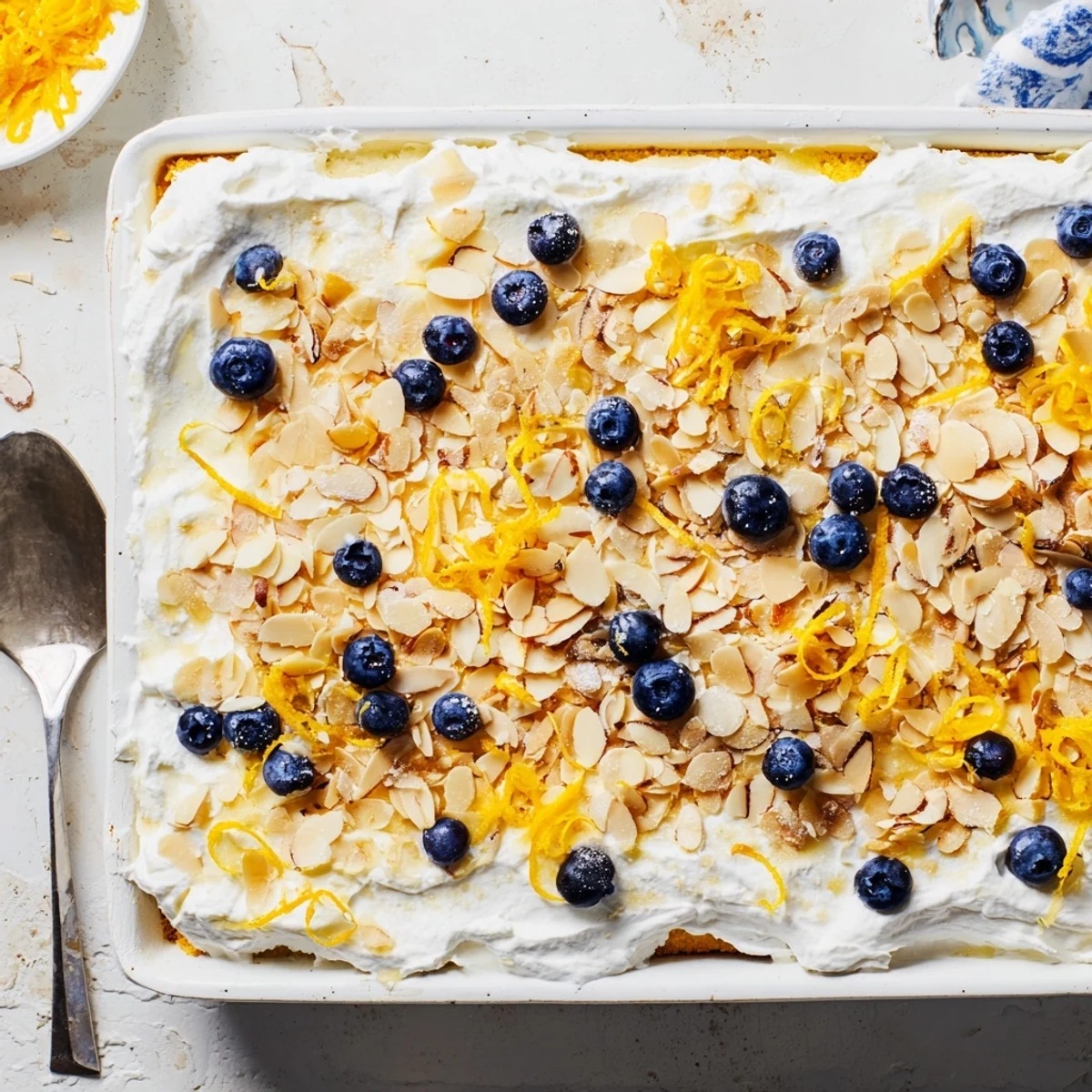 Slice of lemon blueberry poke cake showing syrup soaked layers and whipped cream almond topping