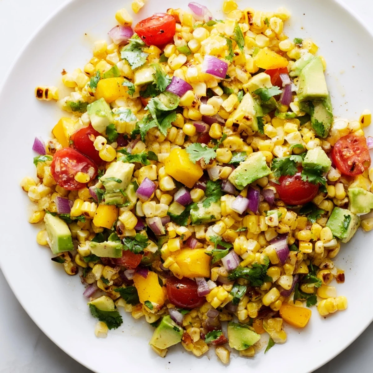 Tropical charred corn and avocado salad featuring grilled corn kernels with creamy avocado chunks