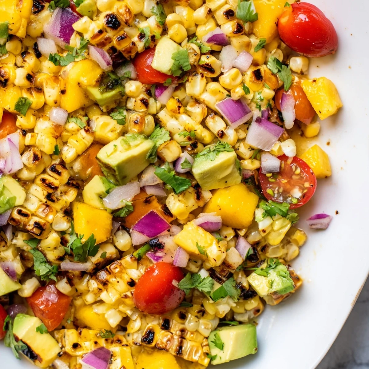 Vibrant tropical charred corn and avocado salad tossed with zesty lime dressing and cilantro