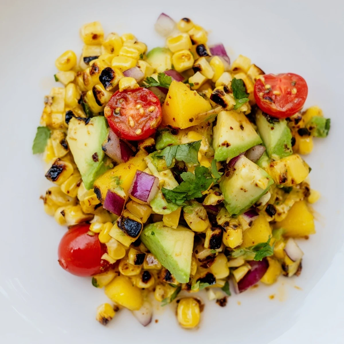 Colorful bowl of tropical charred corn and avocado salad with fresh pineapple and mango