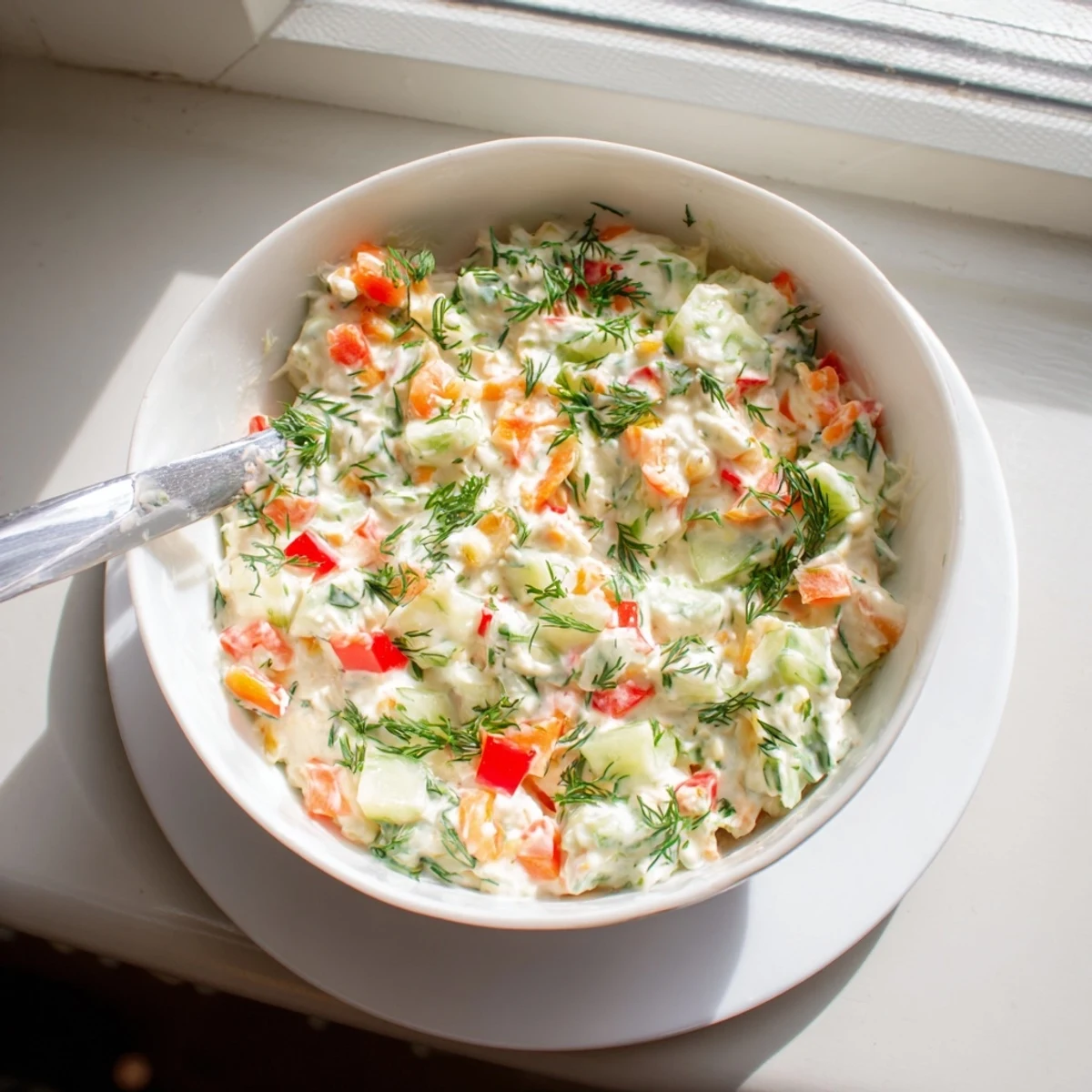 Creamy garden vegetable spread served on crackers with colorful diced vegetables