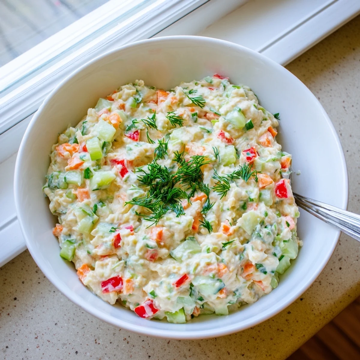 Garden vegetable spread in white bowl garnished with fresh parsley and dill