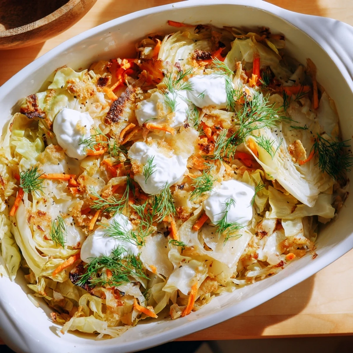 Golden brown slow roasted cabbage and sauerkraut casserole topped with fresh dill in a baking dish