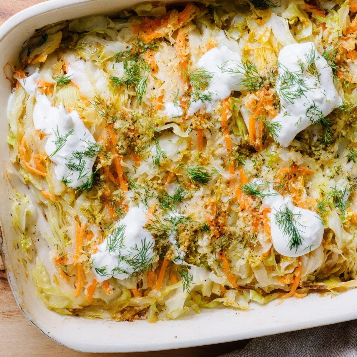 Hearty German-style cabbage casserole with tender layered vegetables and tangy sauerkraut bubbling in a ceramic pan