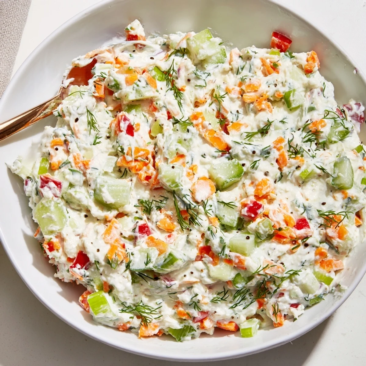 Garden Vegetable Spread Recipe: creamy, colorful dip served with crisp crackers