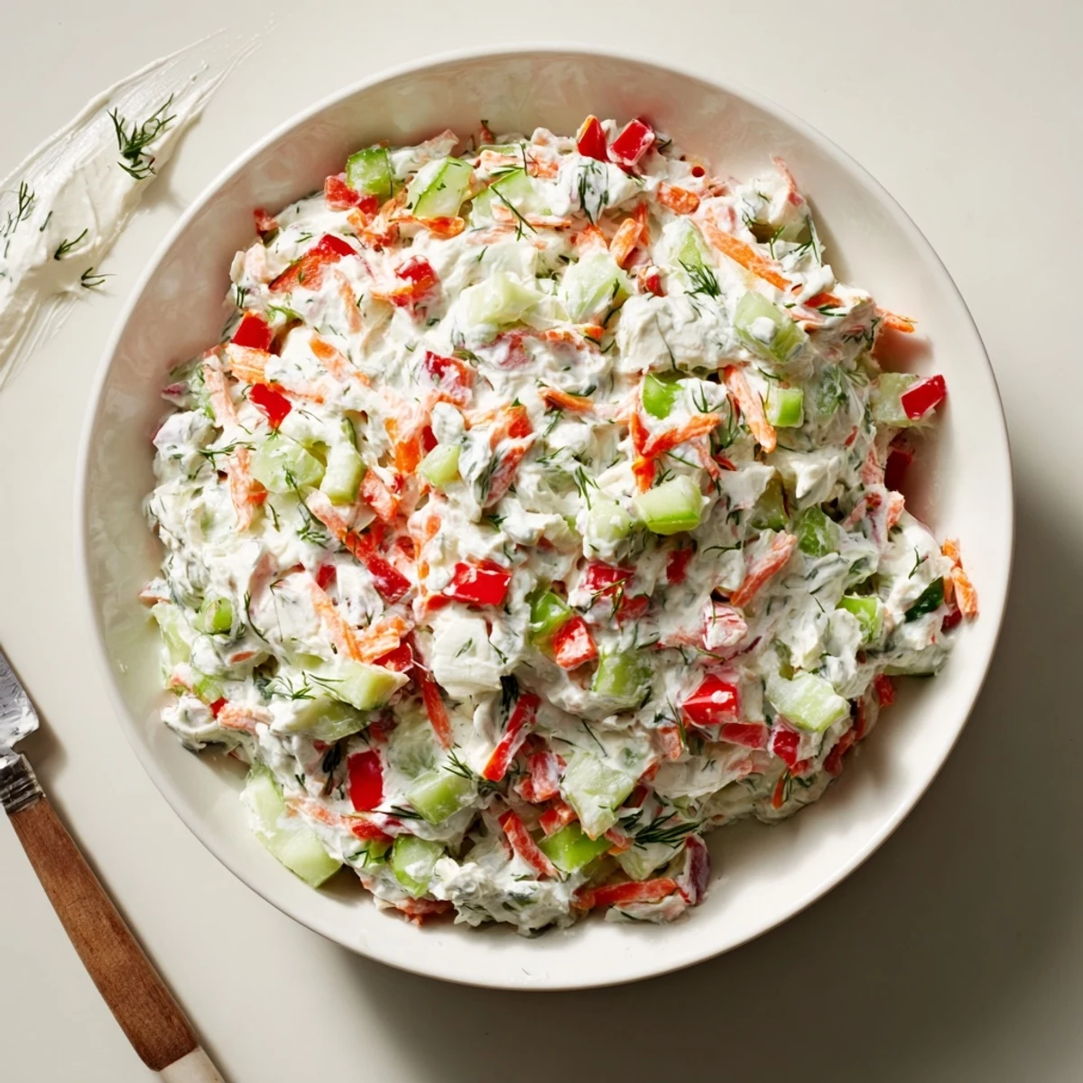Chilled Garden Vegetable Spread Recipe topped with fresh herbs, perfect for sandwiches