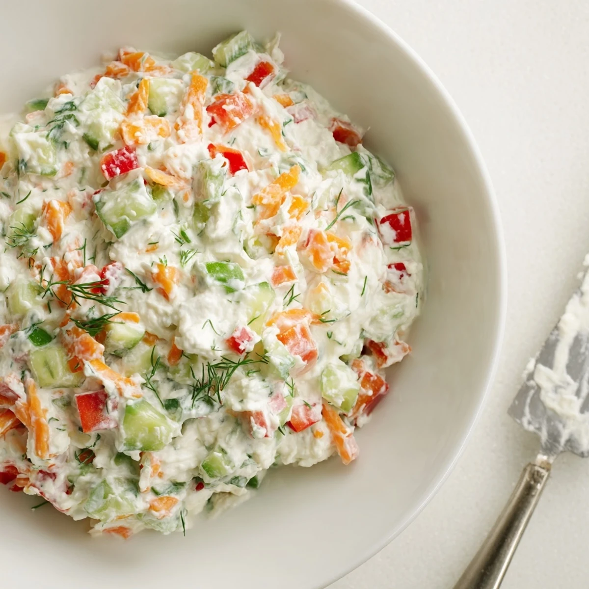 Bright Garden Vegetable Spread Recipe—cream cheese base, crunchy cucumber and bell pepper