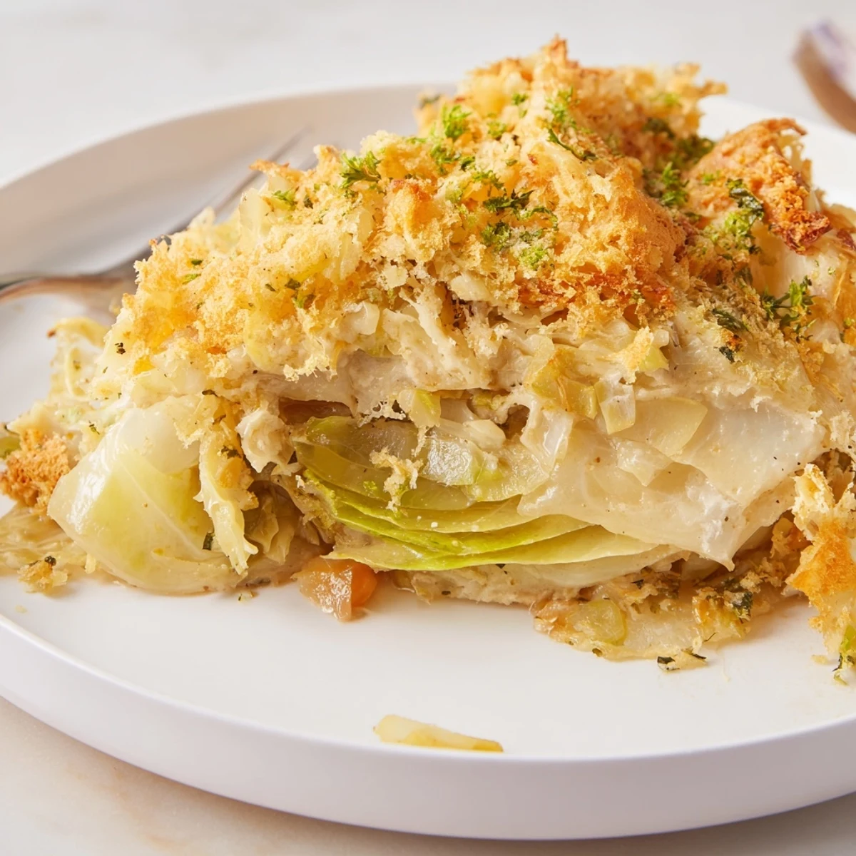 Slow Roasted Cabbage And Sauerkraut Casserole with golden breadcrumb crust, steaming