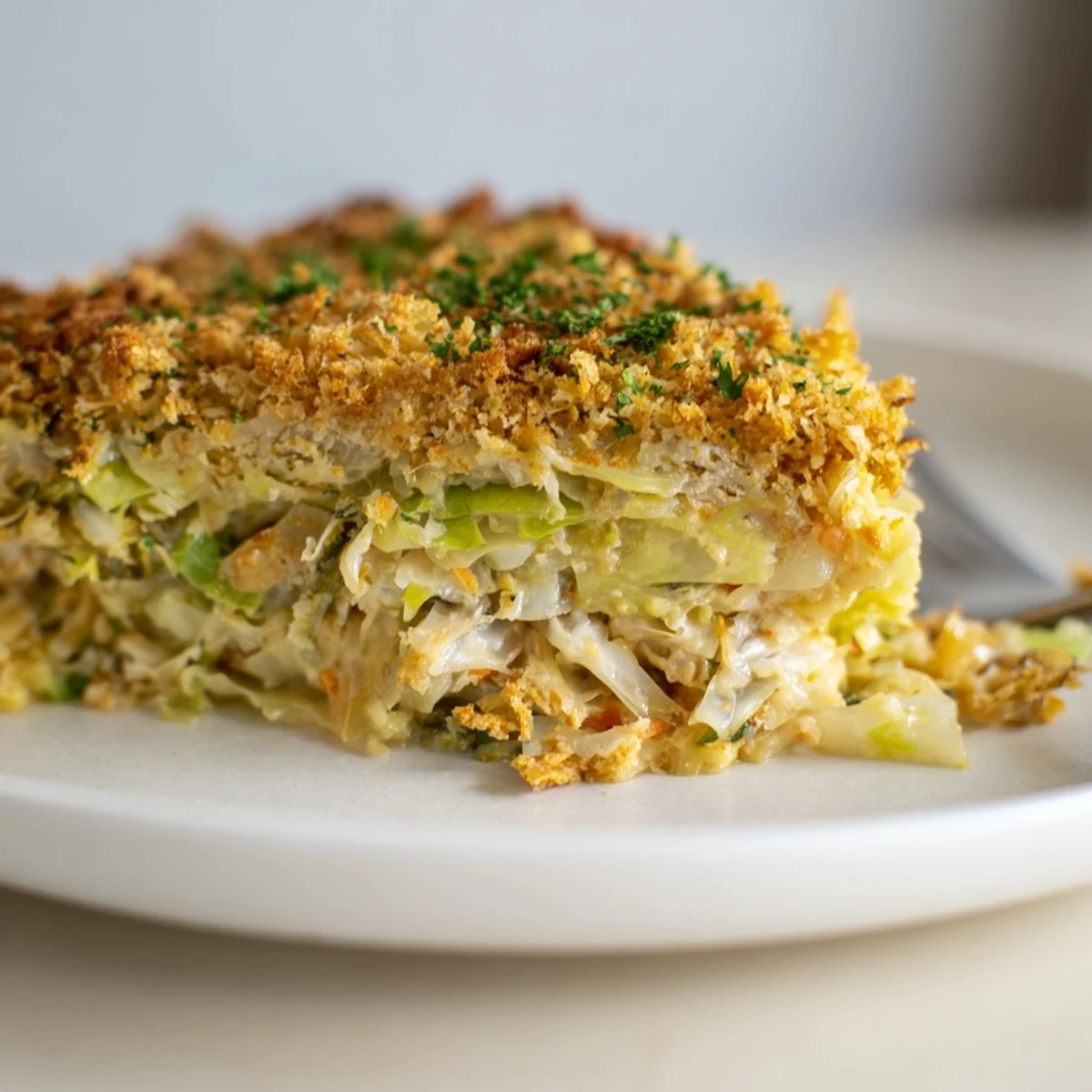 Slow Roasted Cabbage And Sauerkraut Casserole bubbling creamy interior, served warm with rye