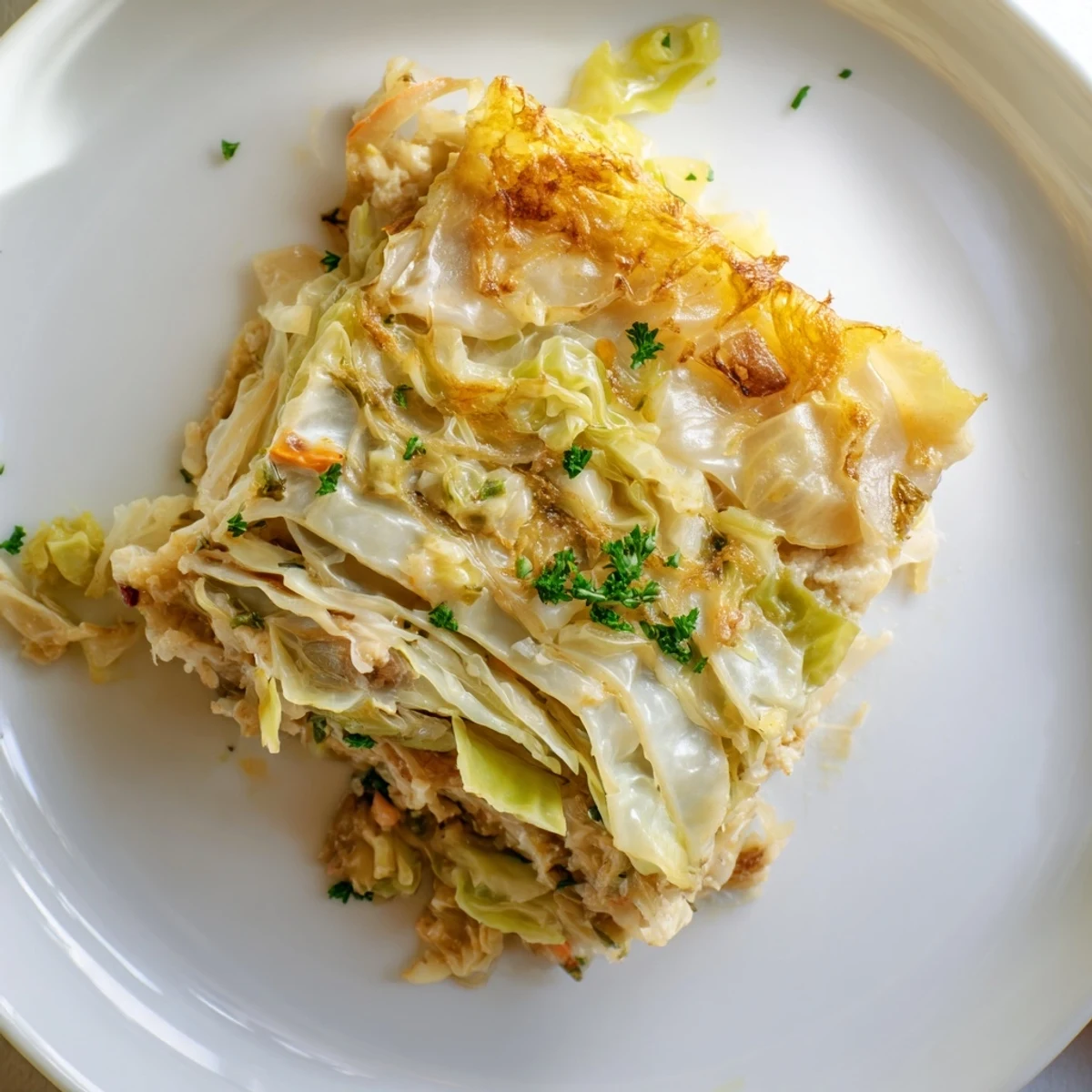 Slow Roasted Cabbage And Sauerkraut Casserole layered with caramelized onions and caraway seeds