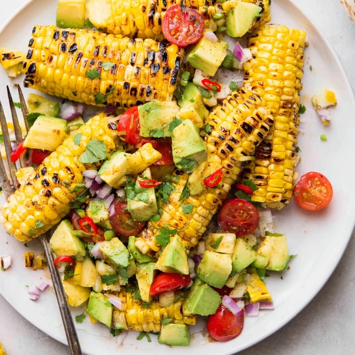 Tropical Charred Corn And Avocado Salad with juicy pineapple, smoky grilled corn  