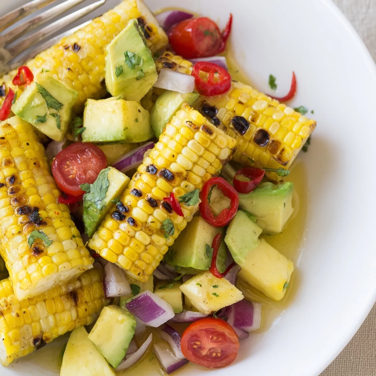 Tropical Charred Corn And Avocado Salad served chilled alongside tortilla chips, bright tomatoes