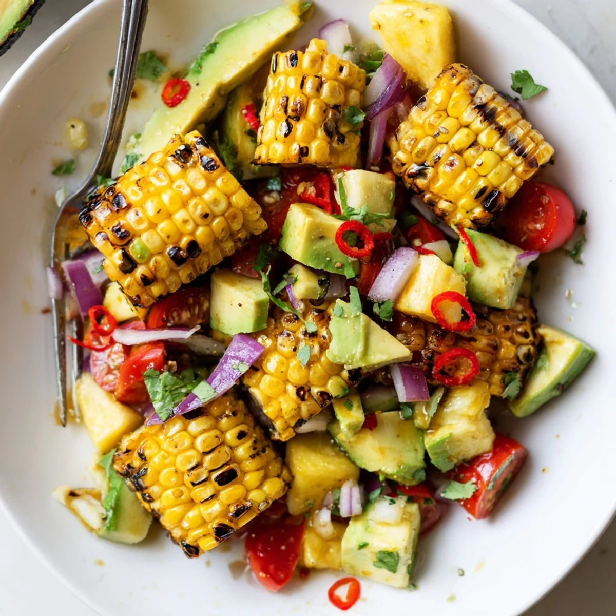 Tropical Charred Corn And Avocado Salad tossed in zesty lime-cumin dressing, cilantro  