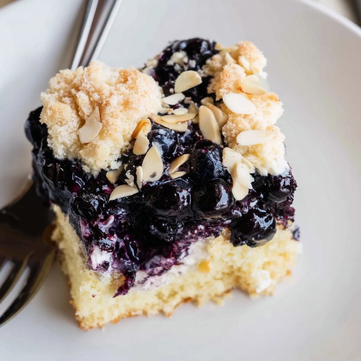 Lemon Blueberry Poke Cake With Almond Topping, glossy blueberry pockets and toasted almonds
