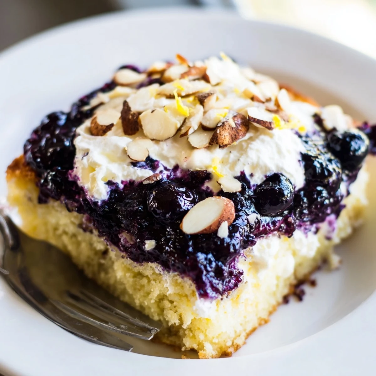 Warm lemon sponge pierced and filled—Lemon Blueberry Poke Cake With Almond Topping