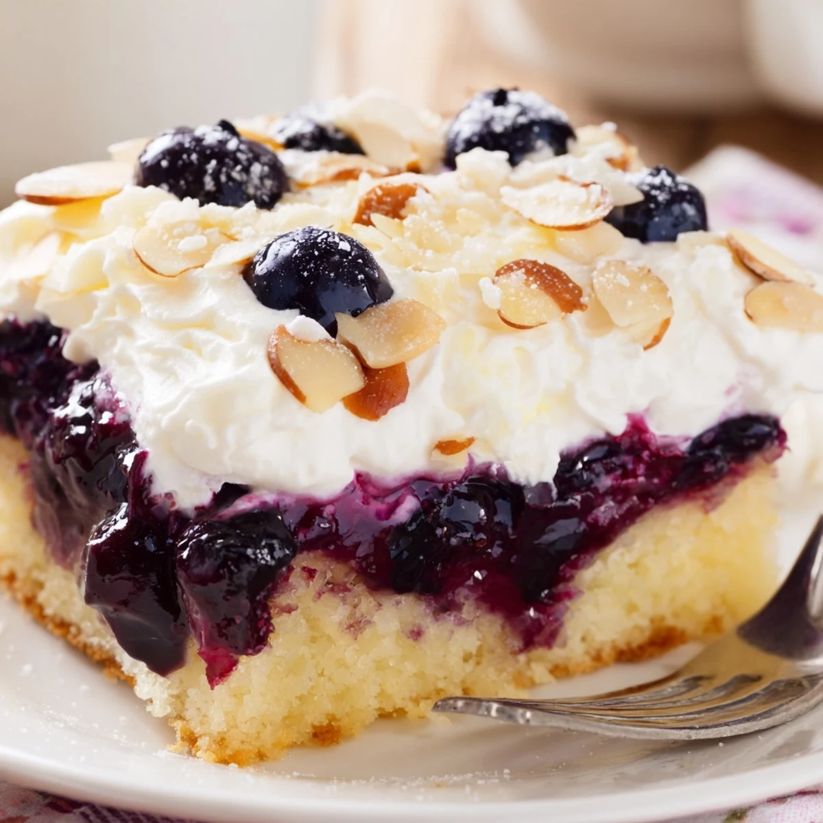 Slices of Lemon Blueberry Poke Cake With Almond Topping chilled, topped with almond cream