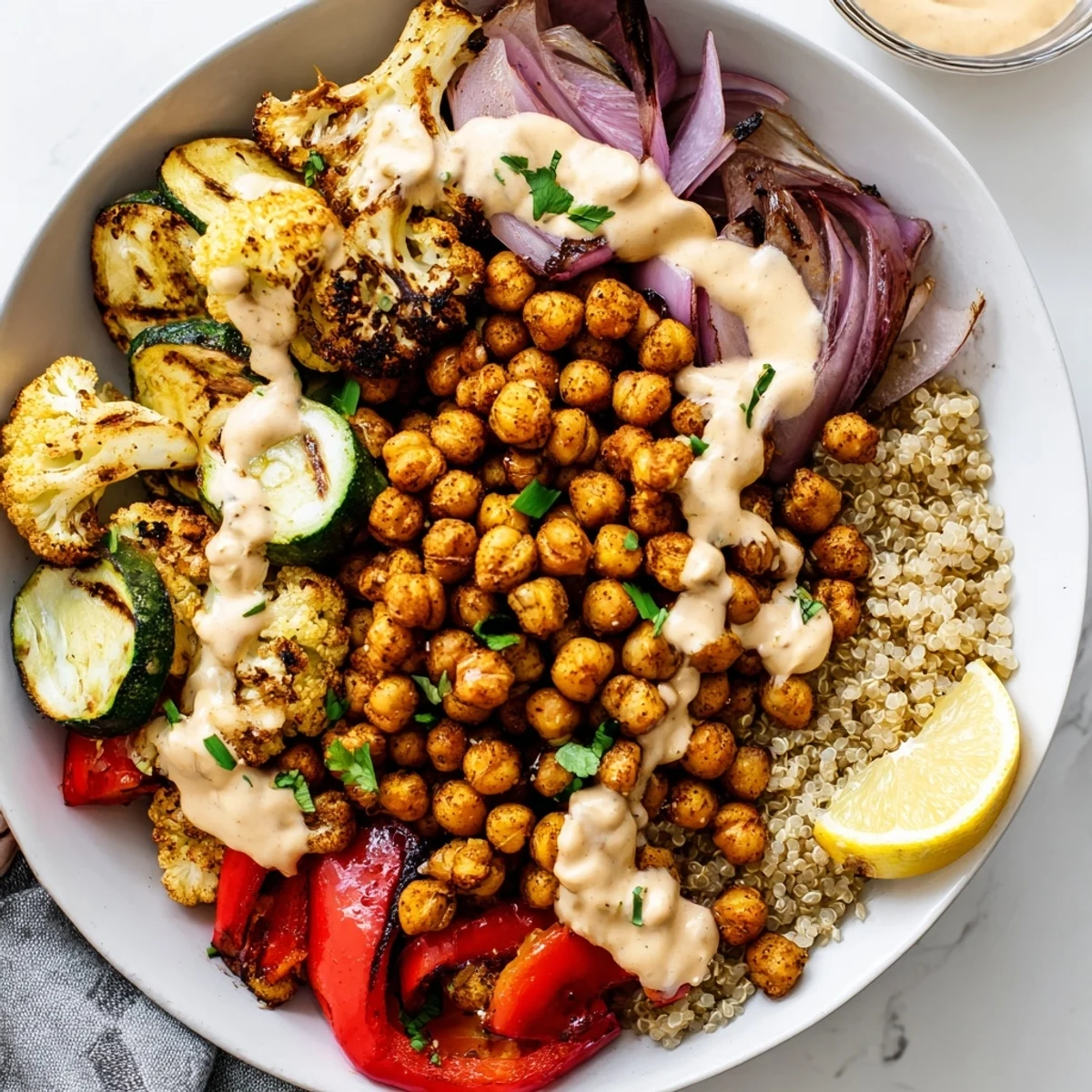 Golden roasted vegetables and spiced chickpeas fill a colorful Moroccan Chickpea Bowl with lemon-tahini drizzle