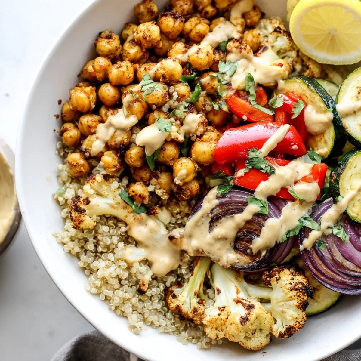 A vibrant Moroccan Chickpea Bowl topped with crispy seasoned chickpeas, tender cauliflower, and creamy tahini sauce