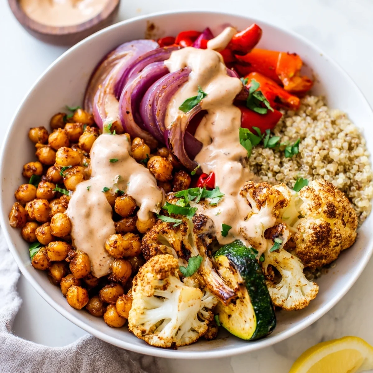 Steaming Moroccan Chickpea Bowl served over fluffy quinoa with roasted peppers, zucchini, and fresh herbs