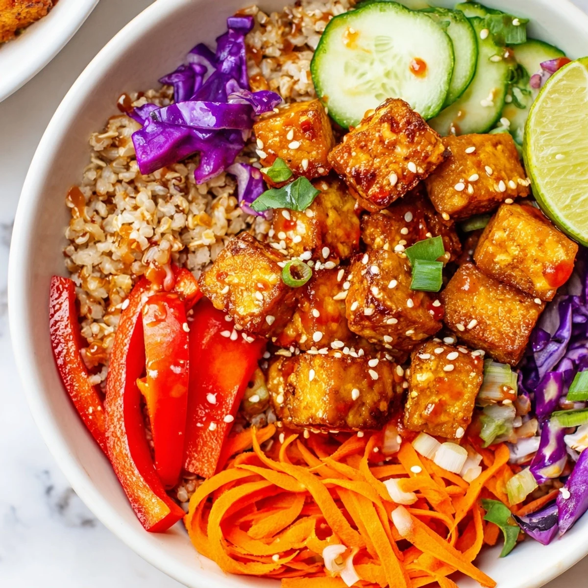 Golden crispy spicy tofu grain bowl topped with vibrant vegetables and sesame seeds