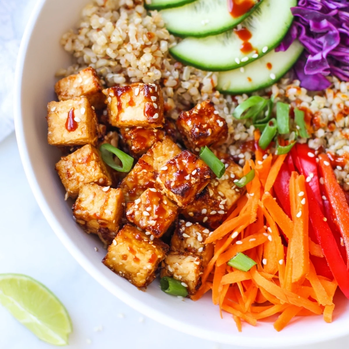 Steaming spicy tofu grain bowl drizzled with zesty sauce over fluffy brown rice