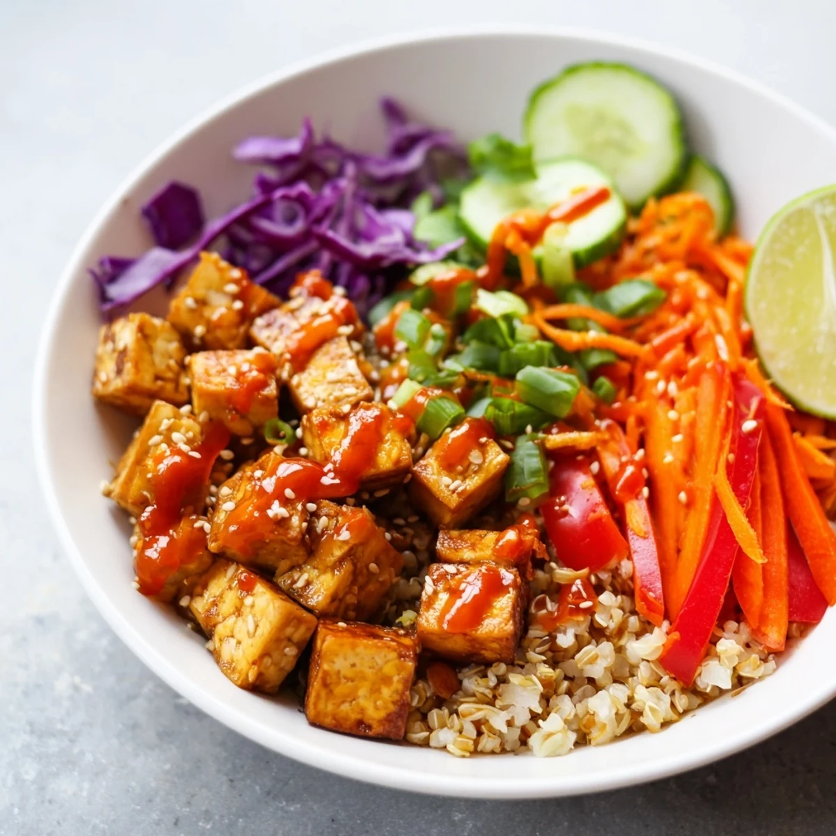 Colorful spicy tofu grain bowl served fresh with crunchy cabbage and lime wedges