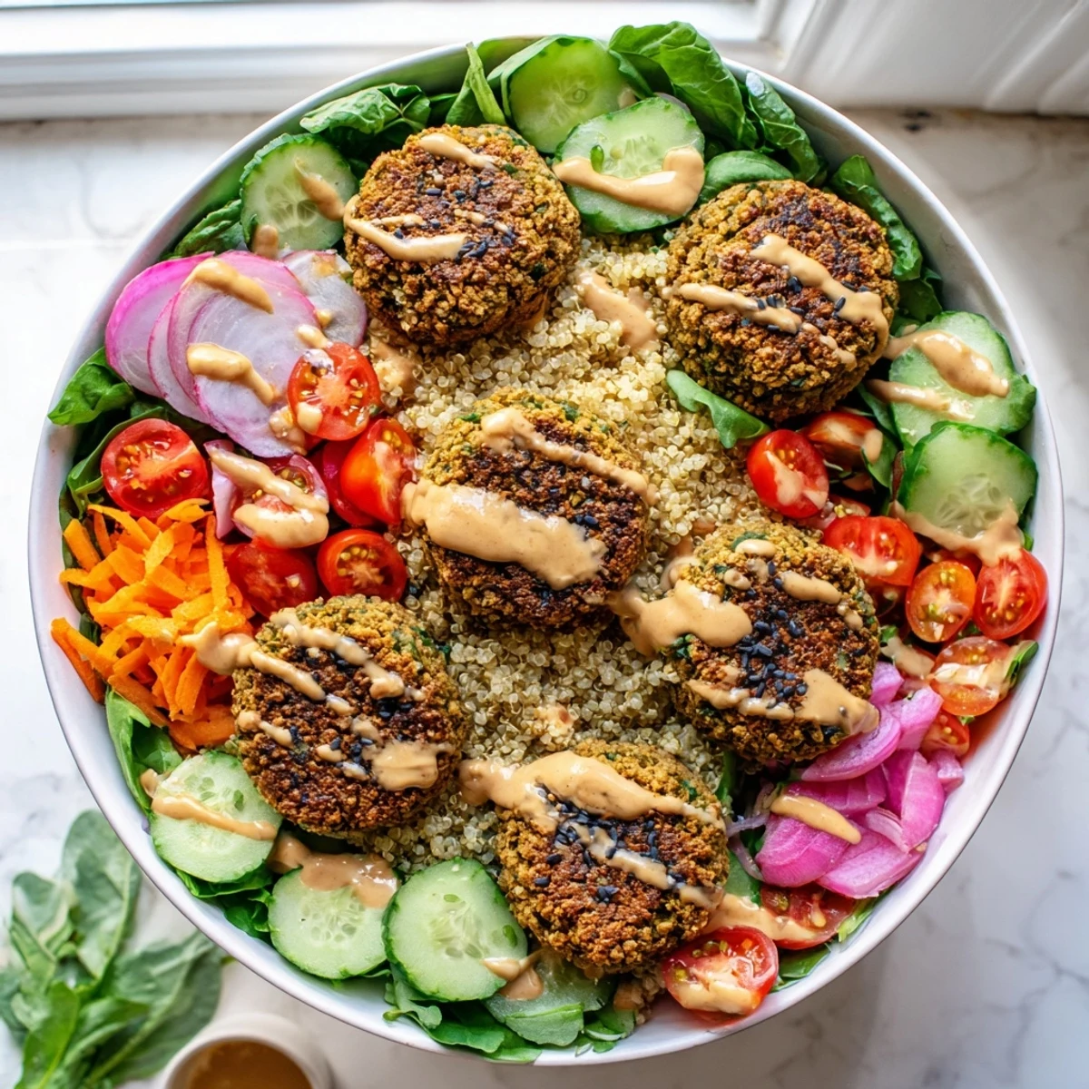 Crispy golden falafel grain bowl topped with fresh vegetables and creamy tahini drizzle