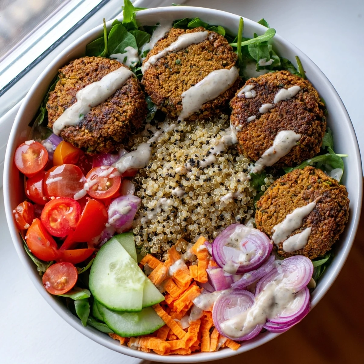 Hearty falafel grain bowl served over fluffy quinoa with colorful diced vegetables and herbs