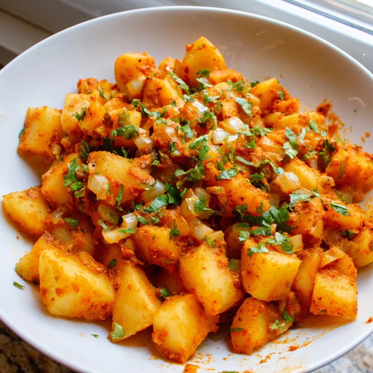 Golden papas con chile skillet with tender potatoes in spicy red chile sauce