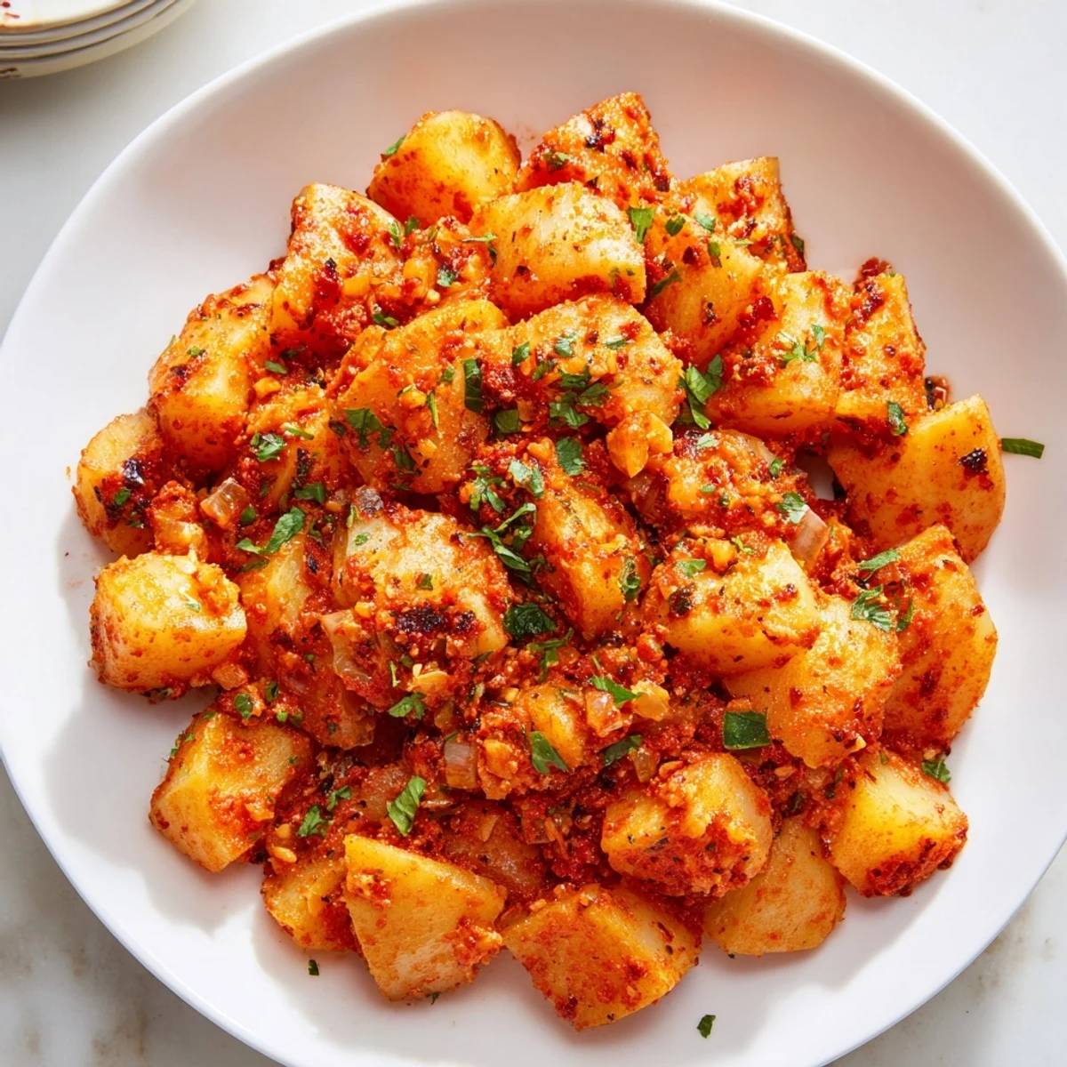 Creamy papas con chile topped with fresh cilantro in a cast iron pan