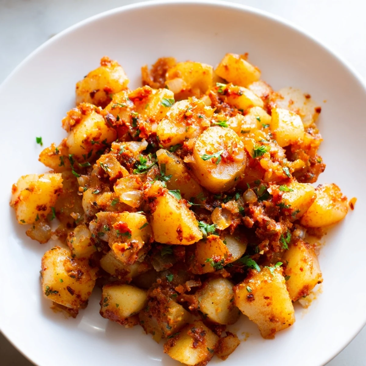 Hearty papas con chile served steaming with soft potato chunks and roasted jalapeños