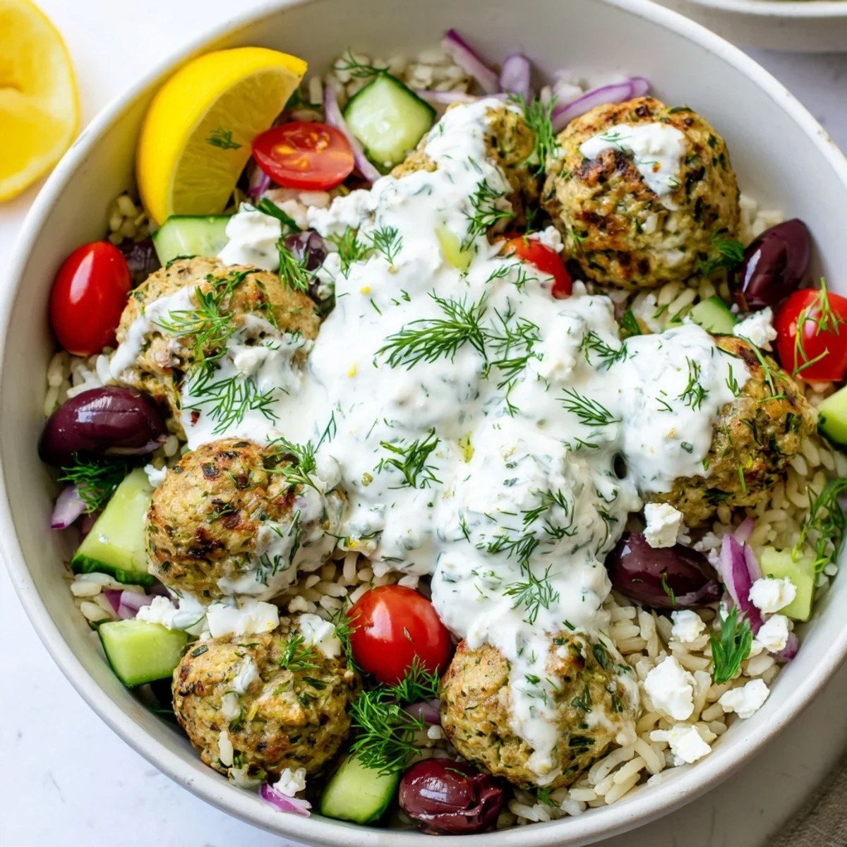 Golden za'atar turkey meatballs nestled over herbed rice with cool yogurt sauce and colorful Mediterranean toppings
