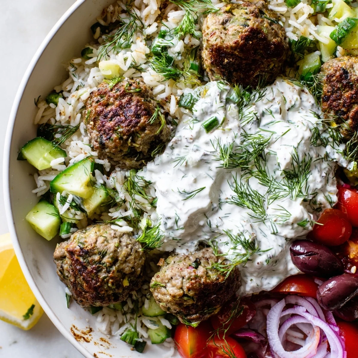 Crispy-skinned turkey meatballs seasoned with za'atar served alongside fluffy rice, ripe tomatoes, and briny Kalamata olives