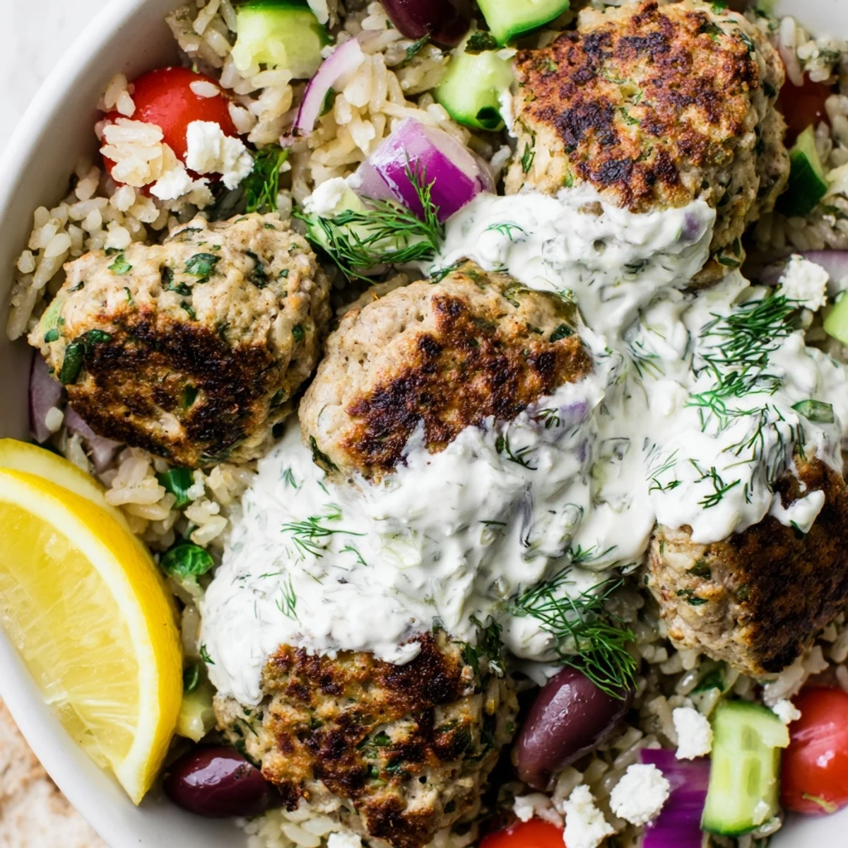 Juicy Mediterranean za'atar turkey meatball bowls drizzled with tangy yogurt and scattered with fresh diced vegetables